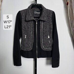 Guess Wool Blend Moto Jacket Women's S Black Gray Herringbone Chain Detail Zip